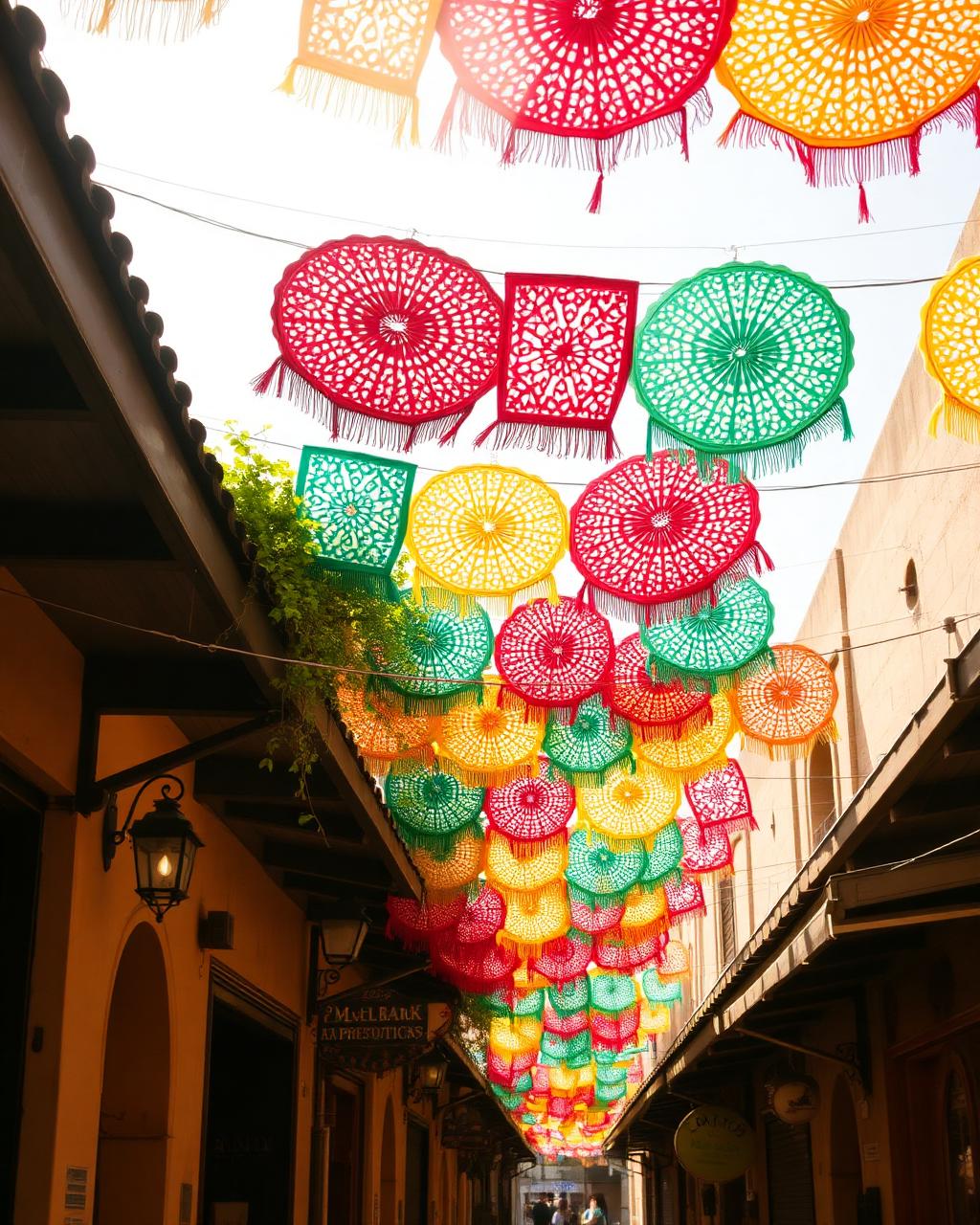 Papel picado de colores colgado sobre una calle de mercado mexicano